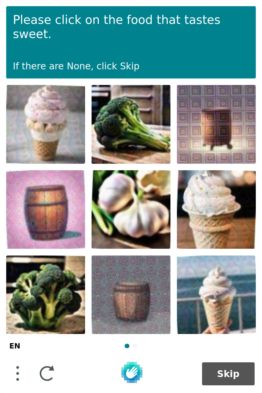 hCaptcha image challenge asking to select food that tastes sweet