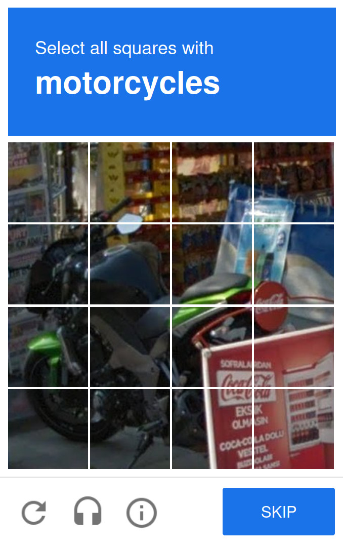 Google reCAPTCHA image challenge asking to select motorcycles