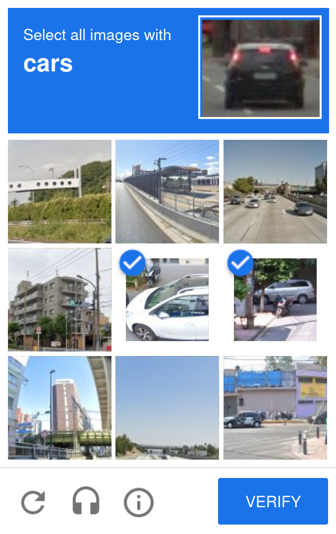 Google reCAPTCHA image challenge asking to select cars