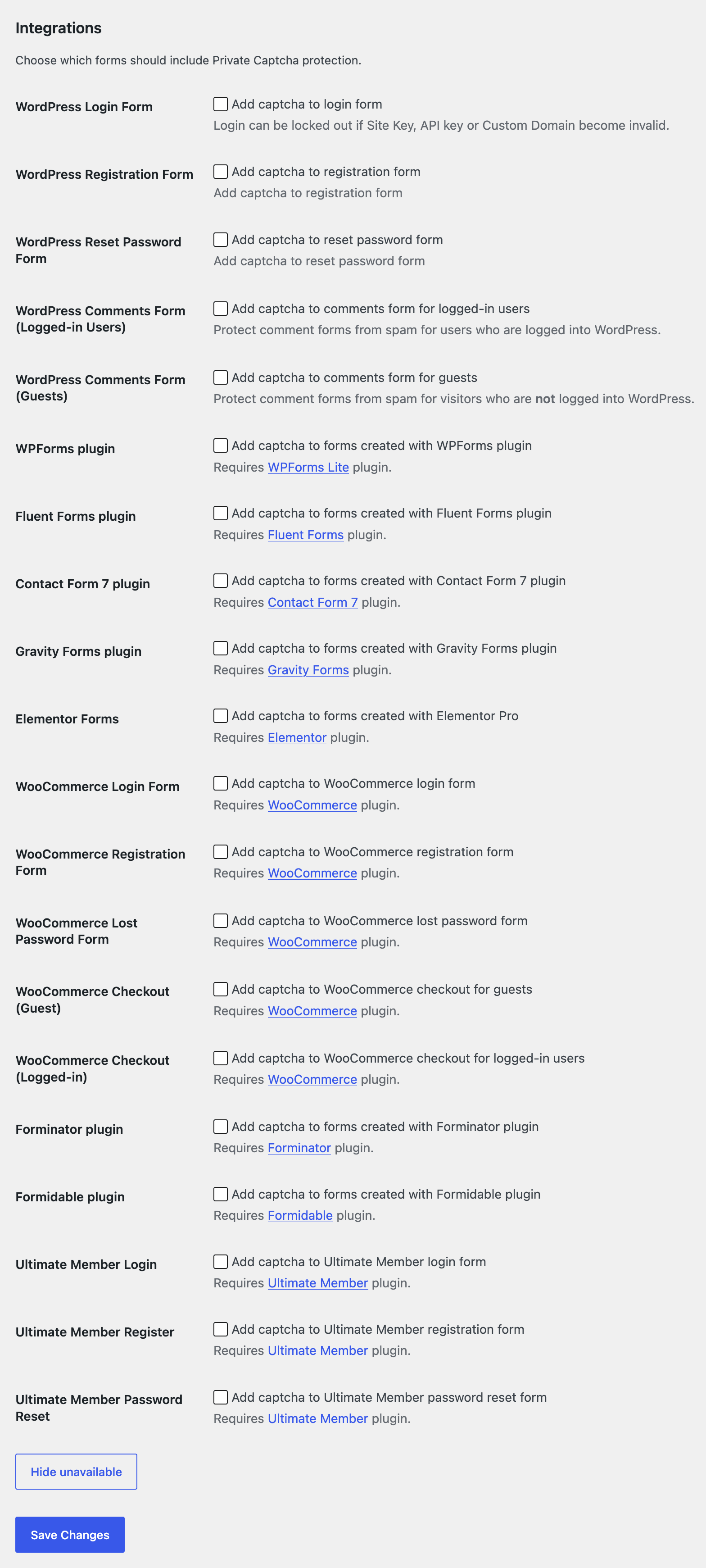 Private Captcha integration settings for Fluent Forms