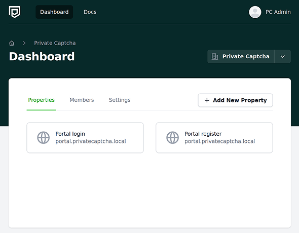 Self-hosted Private Captcha dashboard with properties overview
