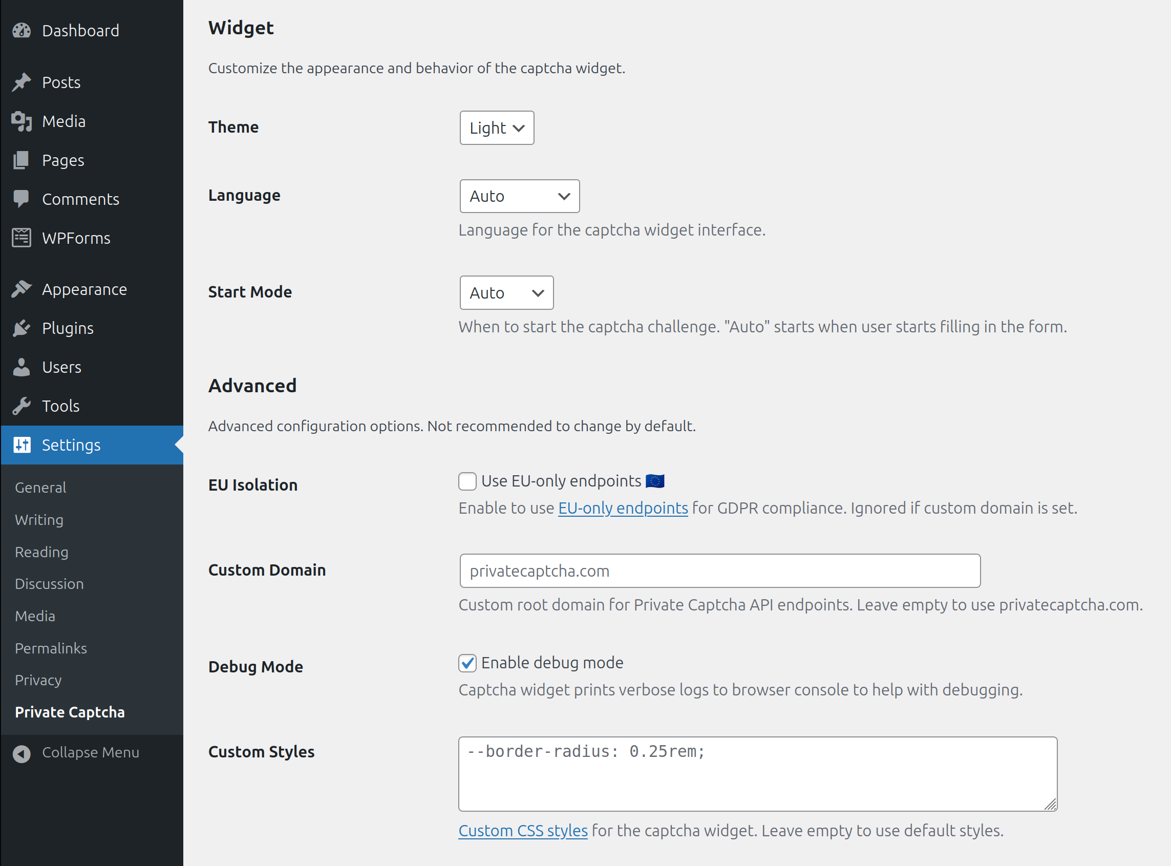 Private Captcha WordPress plugin widget settings in the admin dashboard